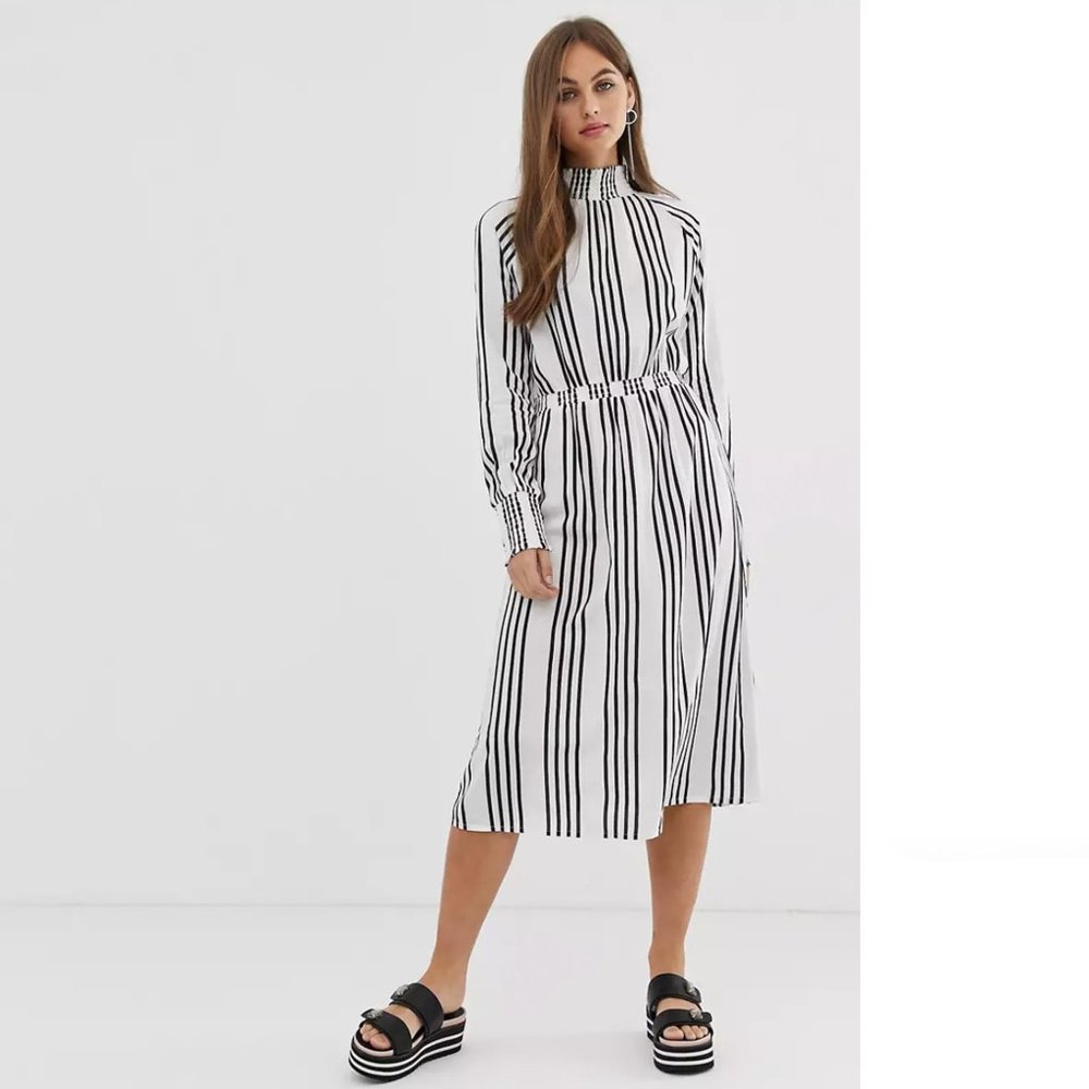 ASOS stripe midi dress w/high neck & elastic waist